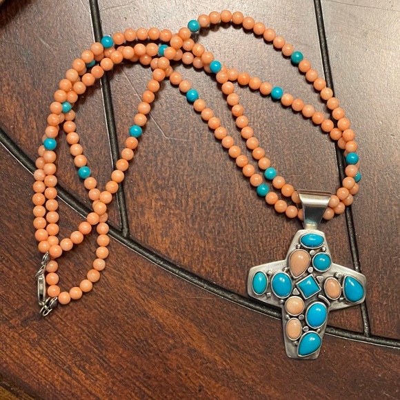 Jay King DTR turquoise coral sterling silver cross pendant necklace - Picture 10 of 11